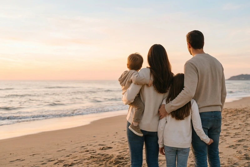 Familia abrazada al atardecer, derecho de familia